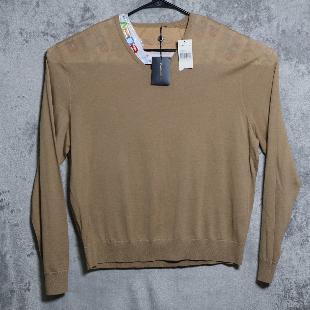 Polo Ralph Lauren Sweater Mens XXL Tan Brown V-Neck Wool Pullover Preppy FLAWS
